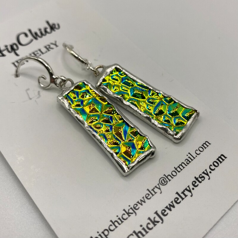 GREEN CRINKLE Stick Earrings by Hip Chick Glass, Stained Glass Art, Handmade Dangle Drop Earrings, Silver Drop Earrings, Handmade Je